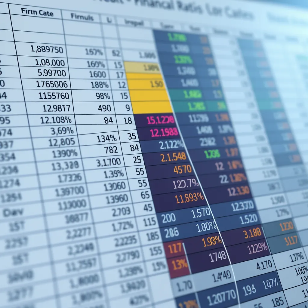 A photorealistic image displaying a spreadsheet with various financial ratios calculated and presented in a clear and concise manner. The image should highlight the use of color-coding or visual representations to draw attention to significant trends and patterns.