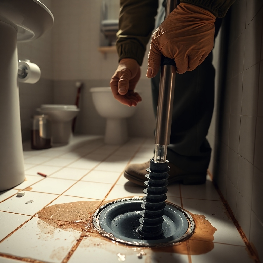 A photorealistic image in 8K resolution showing a plumber using a drain cleaning auger to clear a blocked drain in a bathroom. Dramatic side lighting creates deep shadows and highlights, increasing the sense of intensity and professionalism. The color palette should be slightly muted and realistic, dominated by earth tones and the metallic sheen of the tools. The camera angle should be low and close, showing the plumber's hands and the tools in detail, creating a sense of immediacy and impact. The textures of the materials need to be accurately represented—the rough texture of the drainpipe, the smooth metal of the auger, the wetness of the surrounding area.  The bathroom should be styled simply, with white tiles and minimalist fixtures. Include elements such as a partially visible toilet and a slightly cluttered vanity to enhance the sense of reality and increase relatability. The style should be reminiscent of photojournalistic work, capturing the moment of action. The image should portray a sense of urgency and problem-solving.  Include realistic water and grime on the affected area.