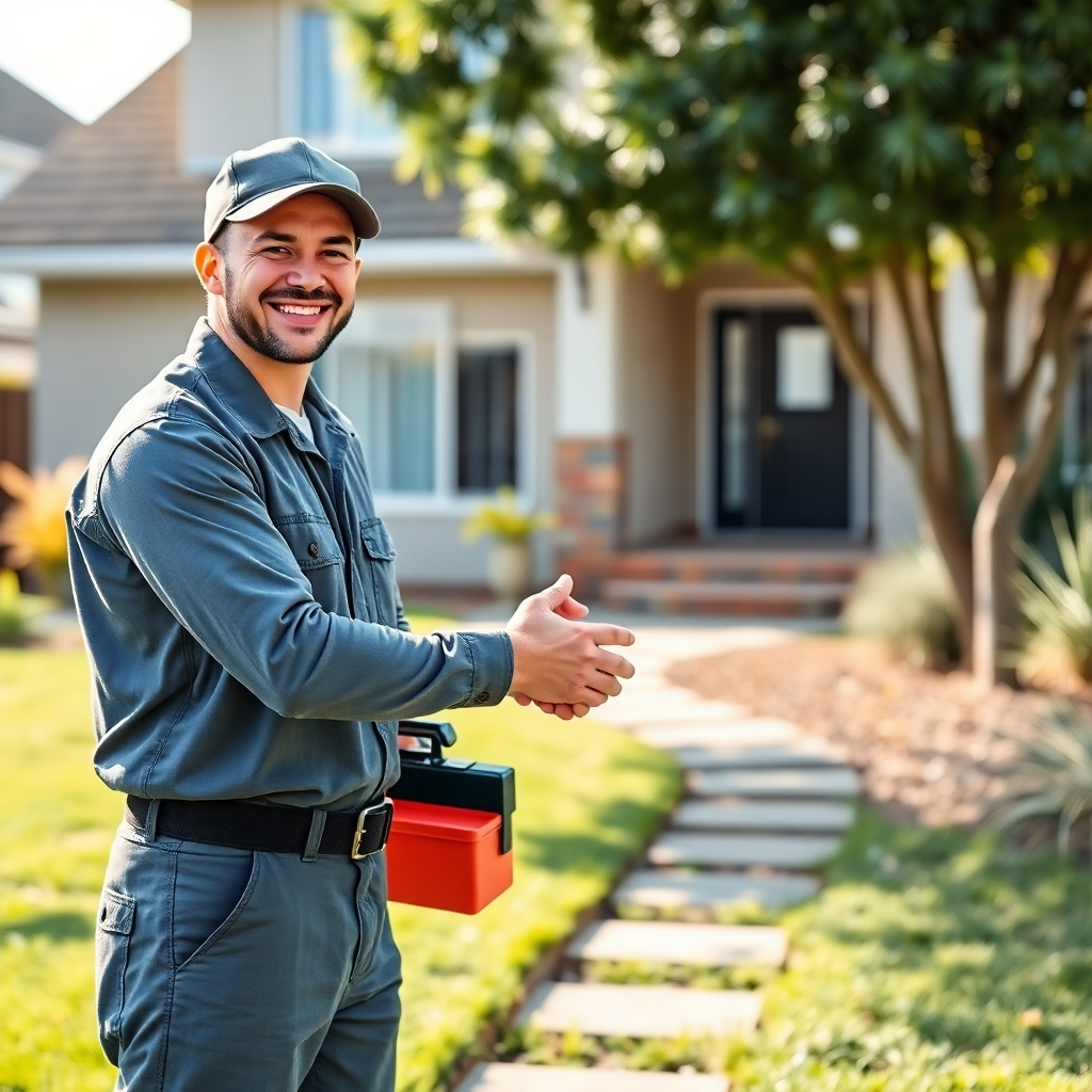 A photorealistic image of a friendly plumber in a Randburg neighborhood, smiling and shaking hands with a satisfied homeowner. The plumber is wearing a clean uniform and carrying a toolbox.  The background should be a neatly kept suburban home with a lush green lawn. The overall lighting should be bright and natural, conveying a sense of trust and reliability.