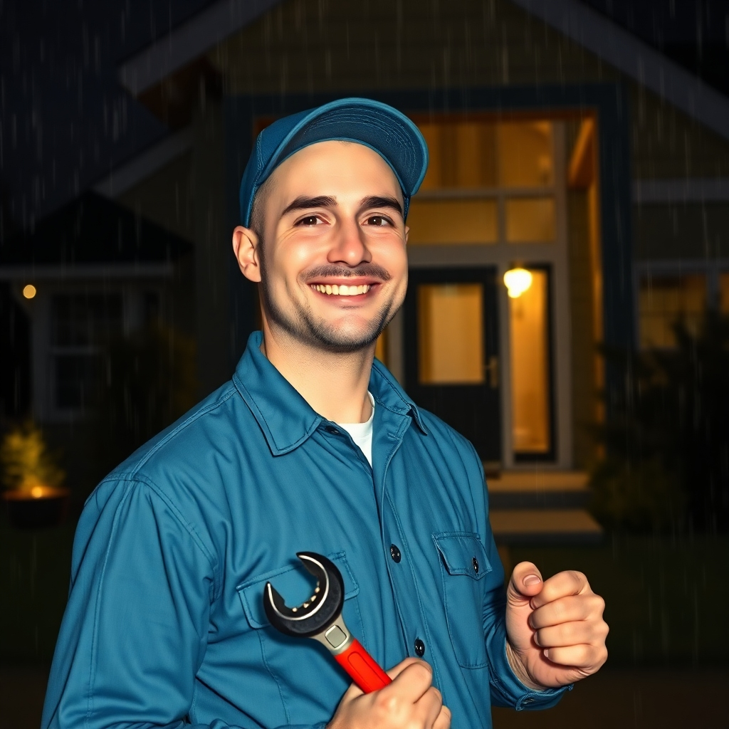 A photorealistic image of a friendly plumber in a clean uniform, smiling reassuringly, holding a wrench while standing in front of a modern house at night. Rain is gently falling. In the background, a faint glow from inside the house is visible. The overall lighting should be soft and slightly moody, emphasizing the feeling of reliability and readiness to respond to emergencies.