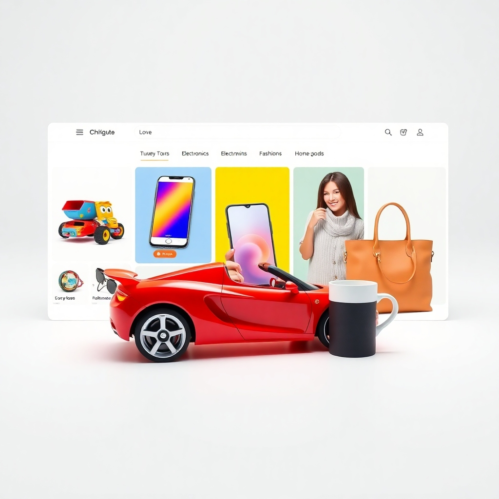 A photorealistic image of a large, brightly lit online shopping website homepage showcasing diverse product categories: toys (a vibrant toy car), electronics (a sleek smartphone), fashion (a stylish pair of sunglasses and a handbag), and home goods (a modern coffee cup). The background should be clean and minimalist, highlighting the product images.