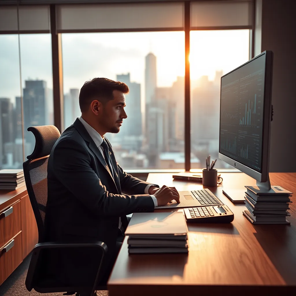 A photorealistic image of a modern, well-lit office space. A professional accountant, wearing a crisp suit, is seated at a sleek desk with a large monitor displaying detailed financial reports. The desk is clean and organized, with stacks of neatly organized files, a calculator, and a pen holder. Soft, diffused lighting illuminates the scene, casting subtle shadows. The background features a large window overlooking a bustling city skyline, symbolizing the dynamic nature of business. The image should have a professional and trustworthy feel, with vibrant yet muted colors in a corporate color scheme. The image should be captured from a slightly elevated angle, showcasing the accountant's focused expression as they analyze the financial data. Render the scene in 8K resolution, emphasizing realistic textures and fine details like the subtle grain of the wood desk and the reflective surface of the monitor.
