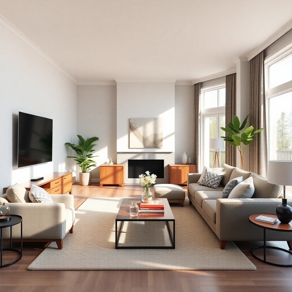 A photorealistic image of a modern living room, tastefully decorated, with a large comfortable sofa, smart TV, and stylish coffee table.  Natural light streams in through large windows.  Subtle product placements of home décor items are visible.  The overall aesthetic is clean, bright, and inviting. The style should be similar to Pottery Barn or West Elm.