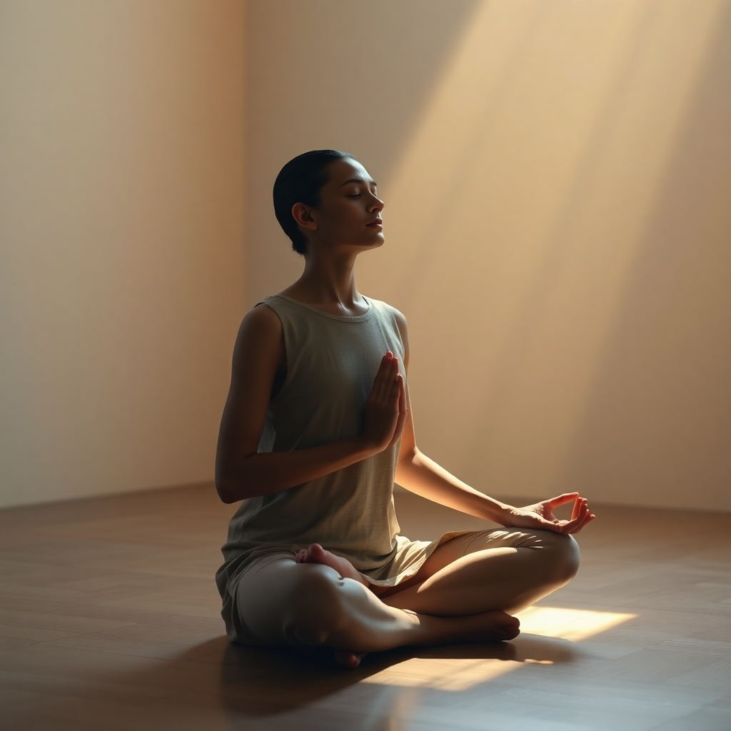 A photorealistic image of a person meditating in a quiet room, bathed in soft, warm light.  The scene is peaceful and minimalist.  They sit with legs crossed, eyes closed, focusing on their breath.  Focus on a sense of calm and inner stillness. High resolution, detailed, soft lighting, realistic texture.