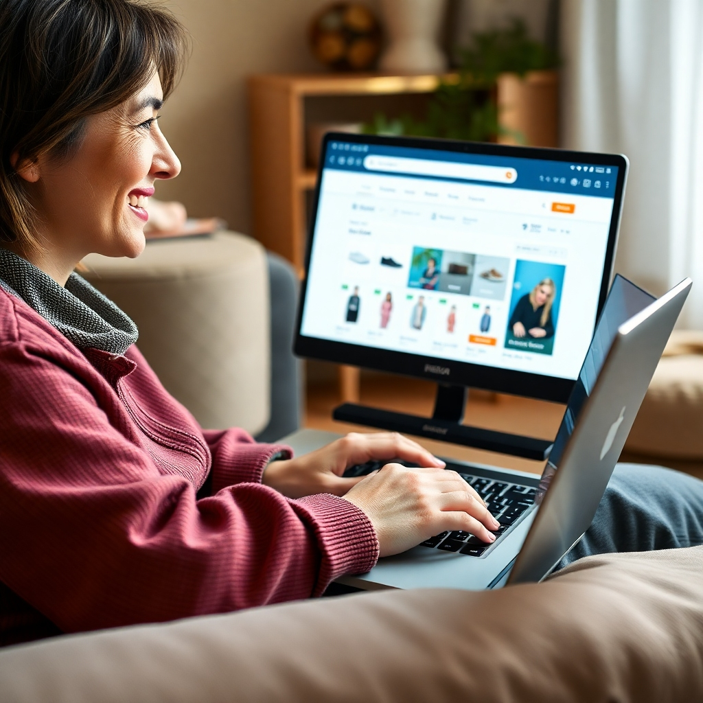 A photorealistic image of a person smiling while comfortably shopping online on a laptop. The laptop screen displays a user-friendly e-commerce website with clear product categories and a simple checkout process. The background should subtly show a cozy home environment.