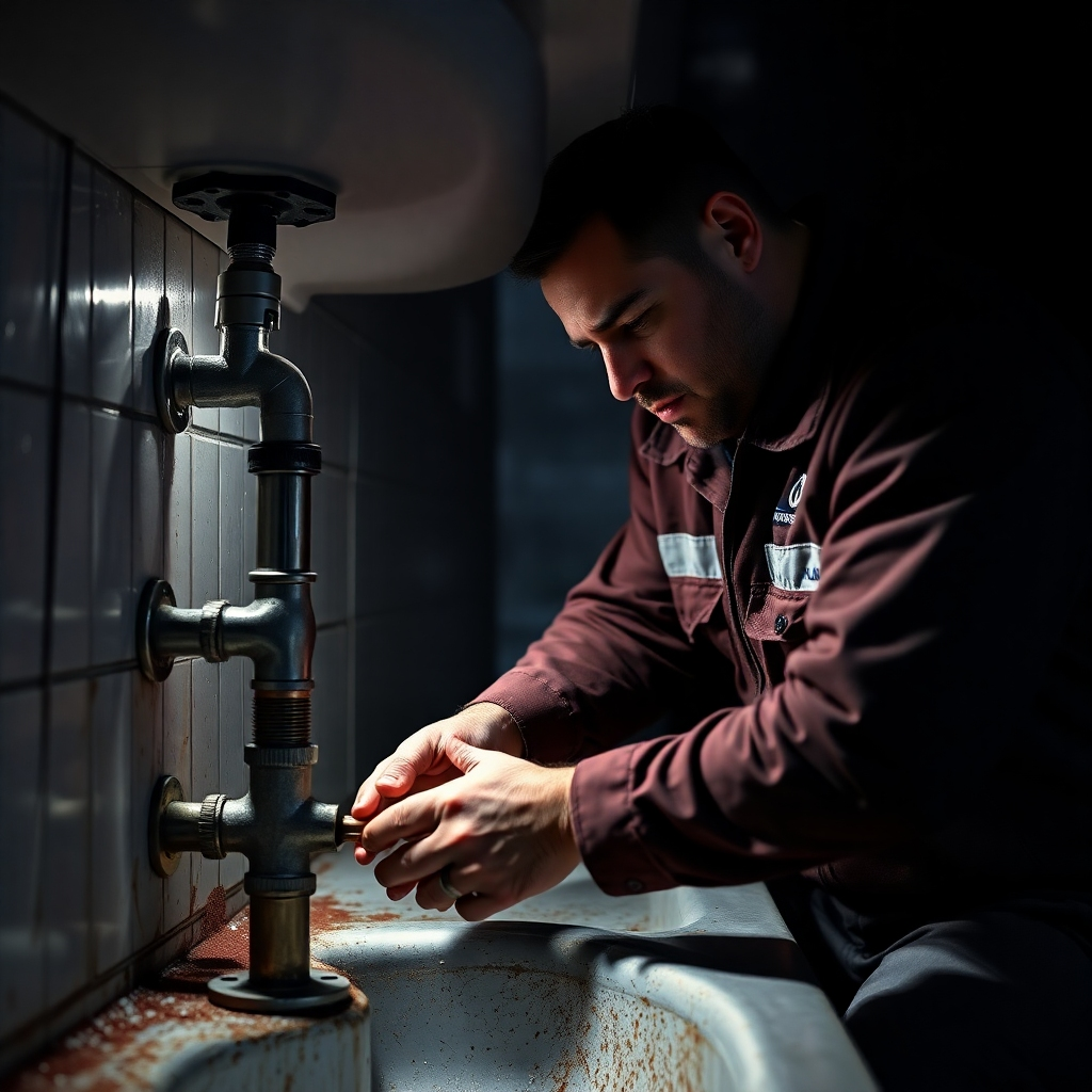 A photorealistic image of a plumber in a Randburg setting, at night, working on a burst pipe under a sink with emergency lighting casting dramatic shadows. The plumber should appear professional, wearing a uniform.  Focus on the urgency and professionalism.
