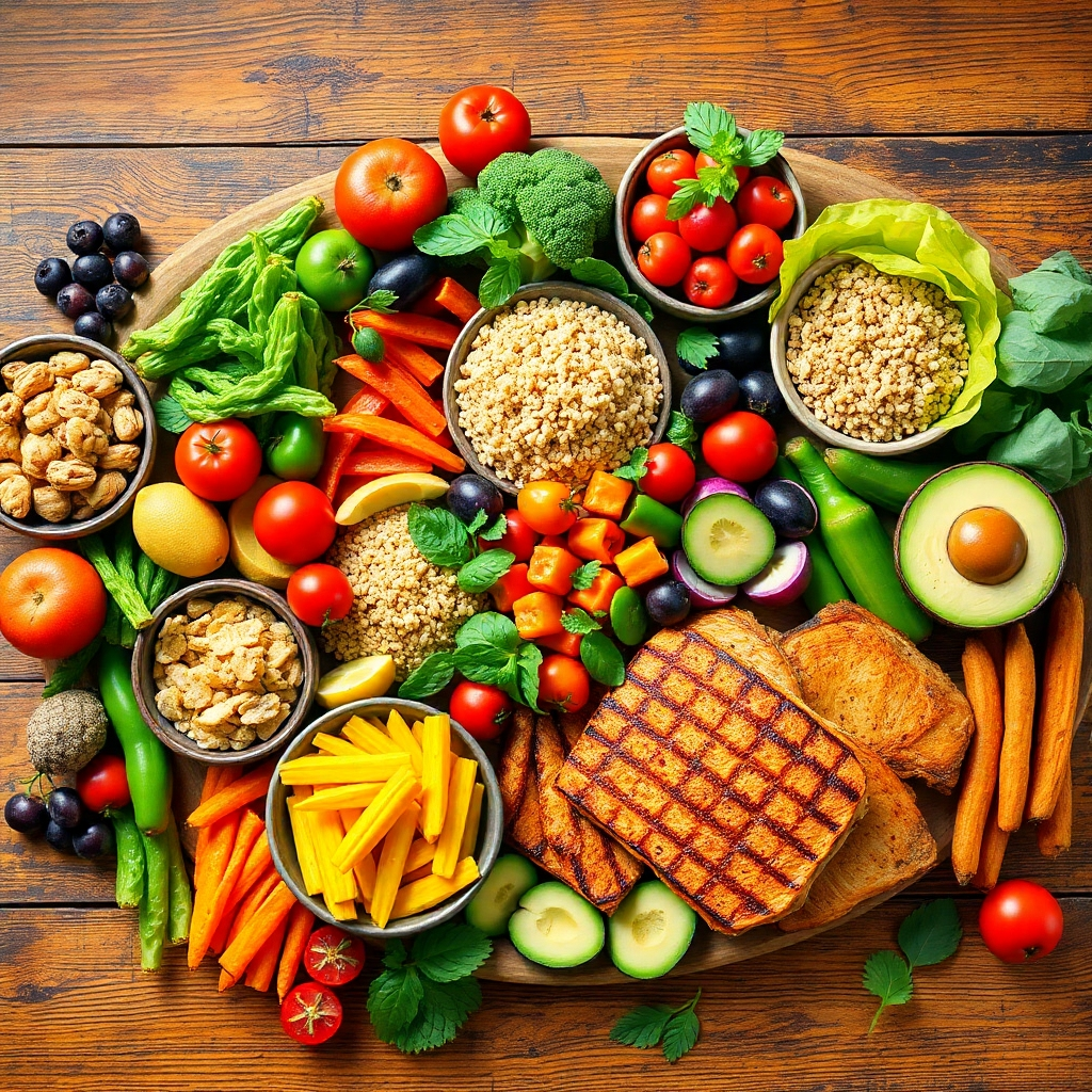 A photorealistic image of a vibrant, colorful spread of healthy foods arranged on a rustic wooden table.  Include a variety of fresh fruits, vegetables, whole grains (like quinoa or brown rice), lean proteins (such as grilled chicken or fish), and healthy fats (like avocados or nuts). The lighting should be natural and warm, creating an inviting and appetizing scene. The image should convey a sense of abundance and deliciousness, showcasing the visual appeal of healthy eating.