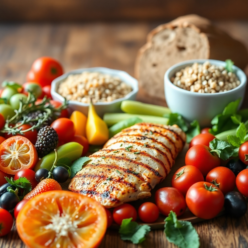 A photorealistic image of a vibrant spread of healthy foods: colorful fruits and vegetables, lean grilled chicken breast, a bowl of quinoa, and whole-wheat bread. The background should be a rustic wooden table, with soft, natural light illuminating the scene. The overall mood should be one of freshness, health, and abundance.