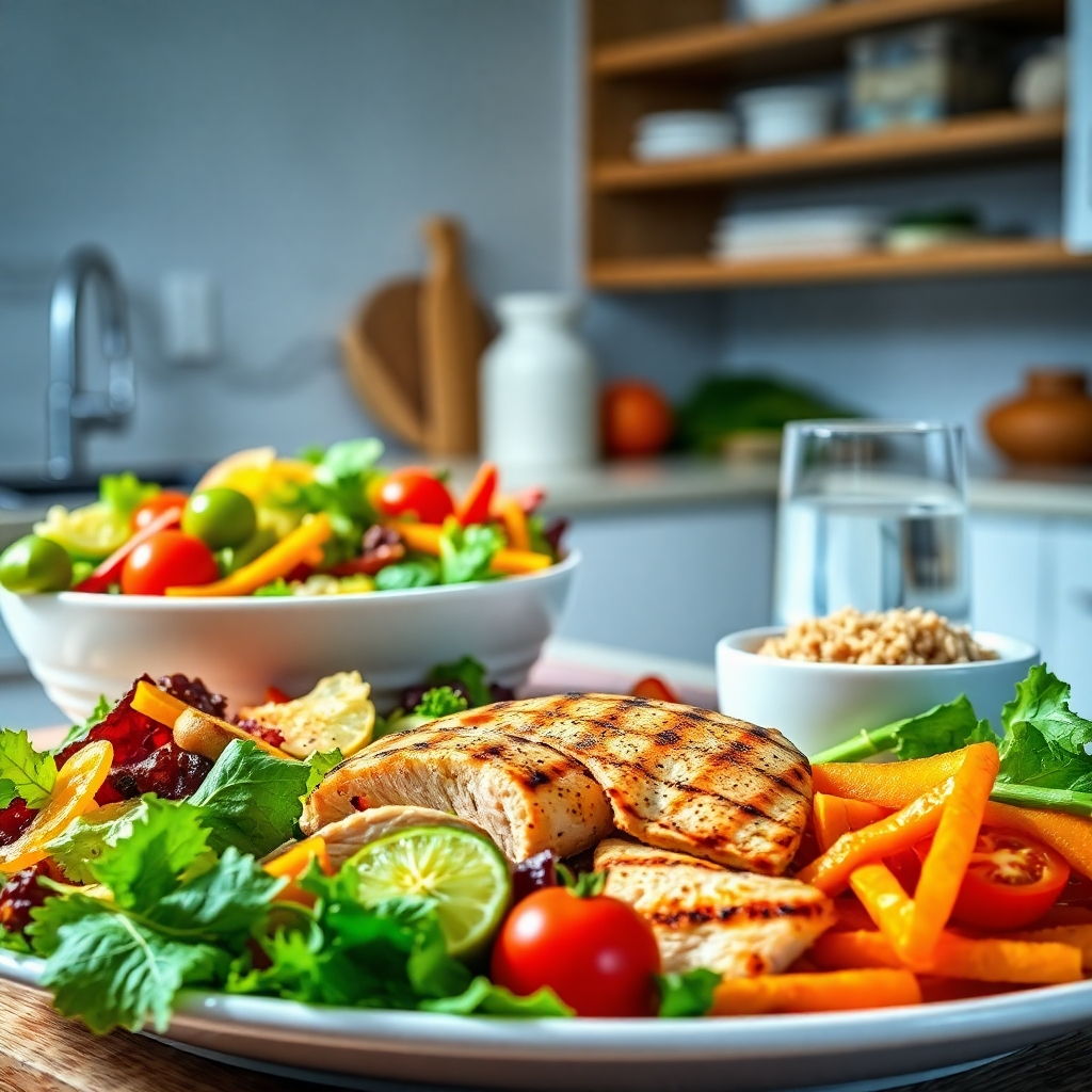 A photorealistic image of a vibrant and colorful spread of healthy food: a large salad with various vegetables, grilled chicken breast, a bowl of brown rice, and a glass of water. The setting is a clean, bright kitchen, emphasizing the appeal of healthy eating. The focus should be on the freshness and natural quality of the food.