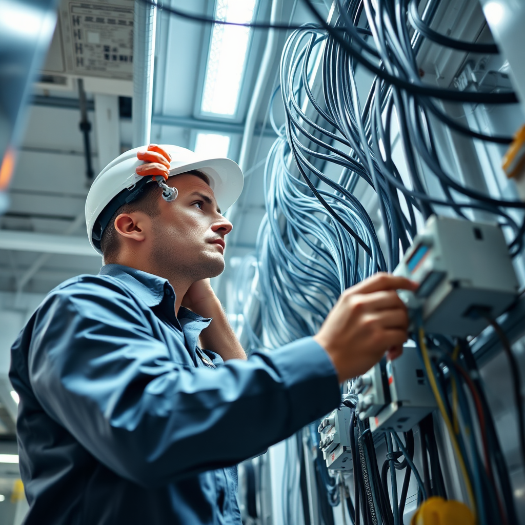 A photorealistic image of an electrician working on electrical systems in a modern office building. The composition should emphasize the scale and complexity of the commercial electrical system. The lighting is bright and professional, highlighting the high-tech equipment and infrastructure. Color palette is sleek and modern, reflecting the commercial environment. Style reference: corporate photography, emphasizing the professionalism and efficiency.