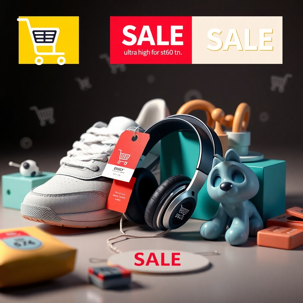 A photorealistic image of various products from different categories (like a pair of shoes, headphones, and a toy) arranged attractively with price tags and discount labels clearly visible. The background should incorporate shopping cart icons and sale banners to emphasize the deals.