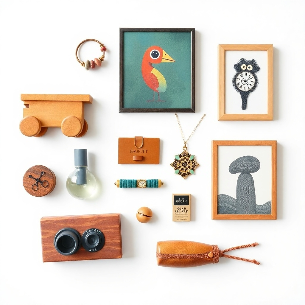 A photorealistic image showcasing a curated selection of unique and diverse products arranged aesthetically on a clean white background. Include items like a handcrafted wooden toy, a quirky piece of jewelry, a vintage book, and a modern piece of art. Each product should be sharply focused and well-lit, highlighting its unique features and details.  The overall image should feel sophisticated and visually appealing.