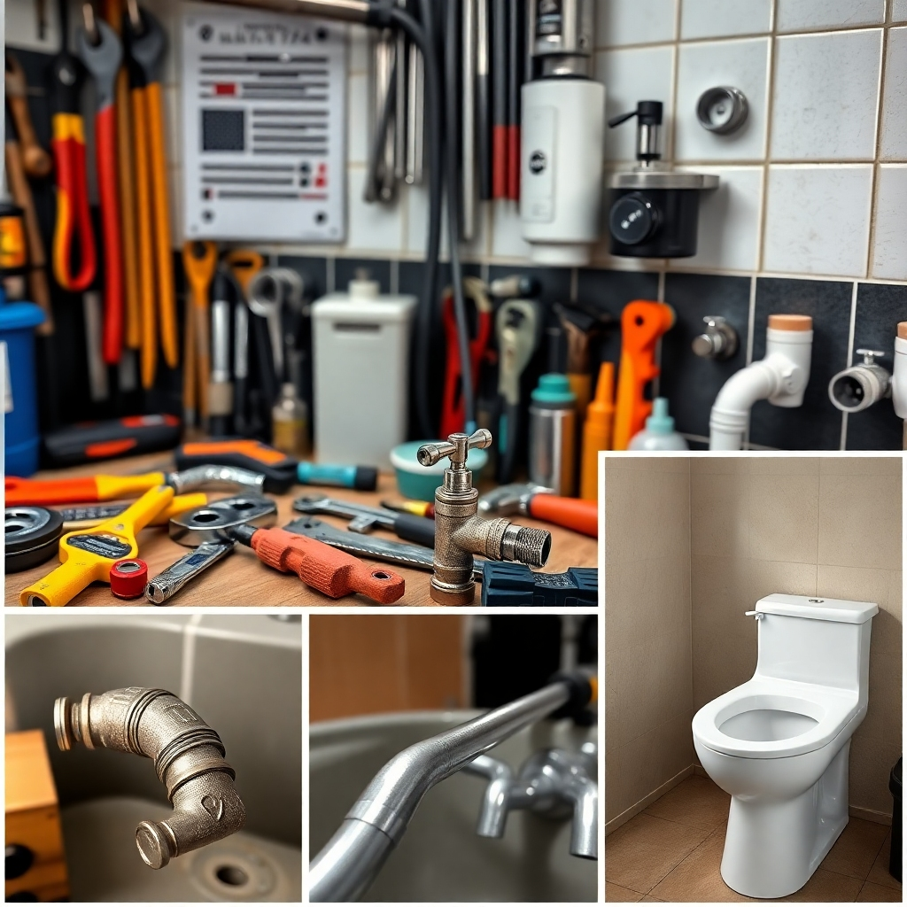 A photorealistic image showcasing a variety of plumbing services. The image should depict various tools neatly arranged on a workbench alongside close-up shots of different plumbing repairs, such as a repaired pipe, a new faucet, and a modern toilet.  The overall tone should be clean, organized, and professional, reflecting high-quality workmanship.