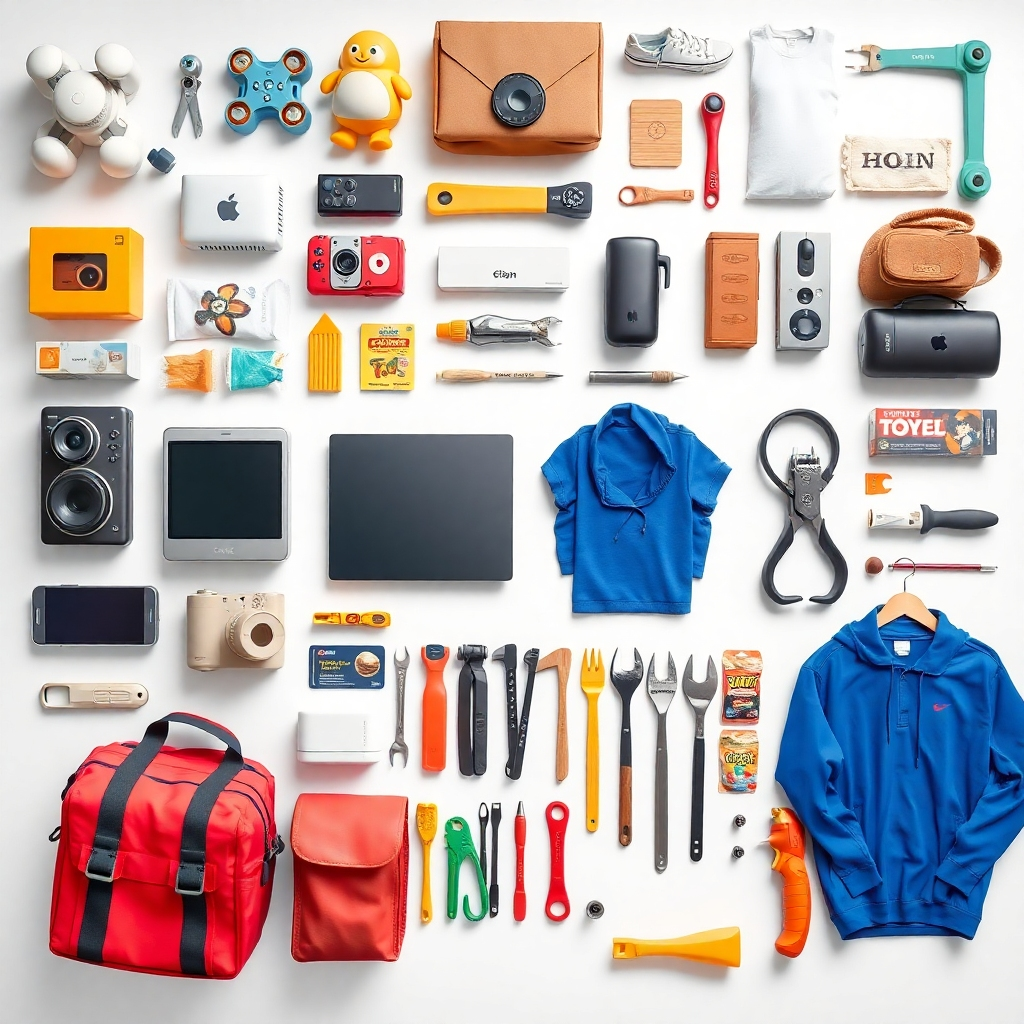 A photorealistic image showcasing a diverse range of products neatly arranged on a clean white background.  Include toys, electronics, home goods, clothing items (men's and women's), and tools. Each item should be clearly visible and high-quality, highlighting the variety. The overall composition should be visually appealing and organized, creating a sense of abundance and choice.