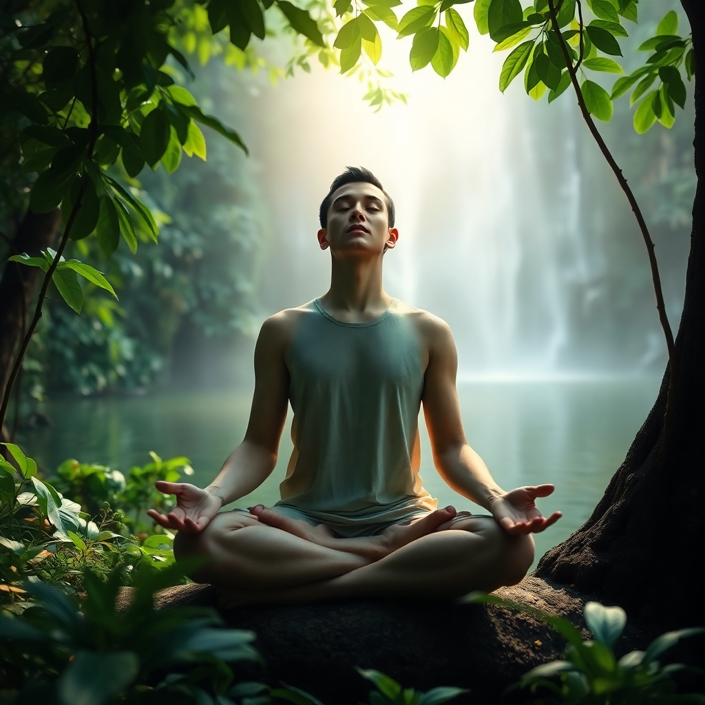 A photorealistic image showing a person peacefully meditating in a serene natural setting.  The person is sitting comfortably, eyes closed, amidst lush greenery, perhaps near a tranquil waterfall or lake. Soft, diffused sunlight filters through the leaves.  The image should evoke a sense of calmness, tranquility, and inner peace.
