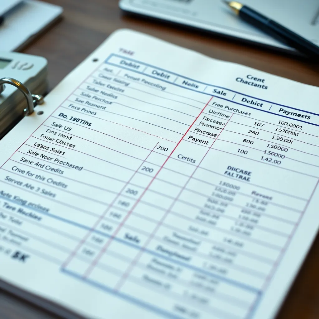 A photorealistic image showing a detailed ledger with columns for debits and credits, showcasing various transactions like sales, purchases, and payments. The image should emphasize the structured and organized nature of double-entry bookkeeping.