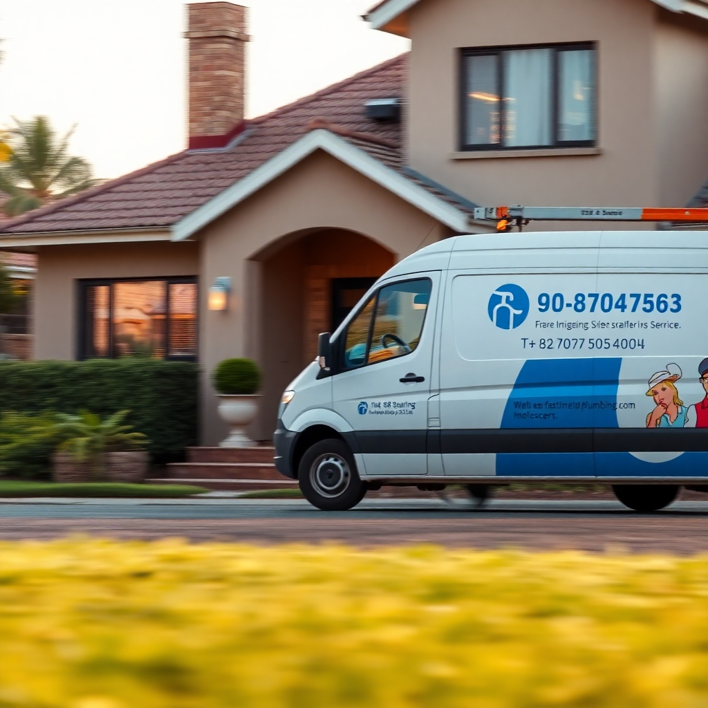 A photorealistic image showing a plumber's van arriving at a residential property in Randburg. The van should be clearly marked with the company's logo and contact details. It should look clean and well maintained. The scene should be set during the daytime, with a sense of urgency subtly conveyed through the quick-moving vehicle and perhaps slightly worried-looking homeowners visible near the front door. The image should be sharp and well-lit, conveying a sense of efficiency and professionalism.