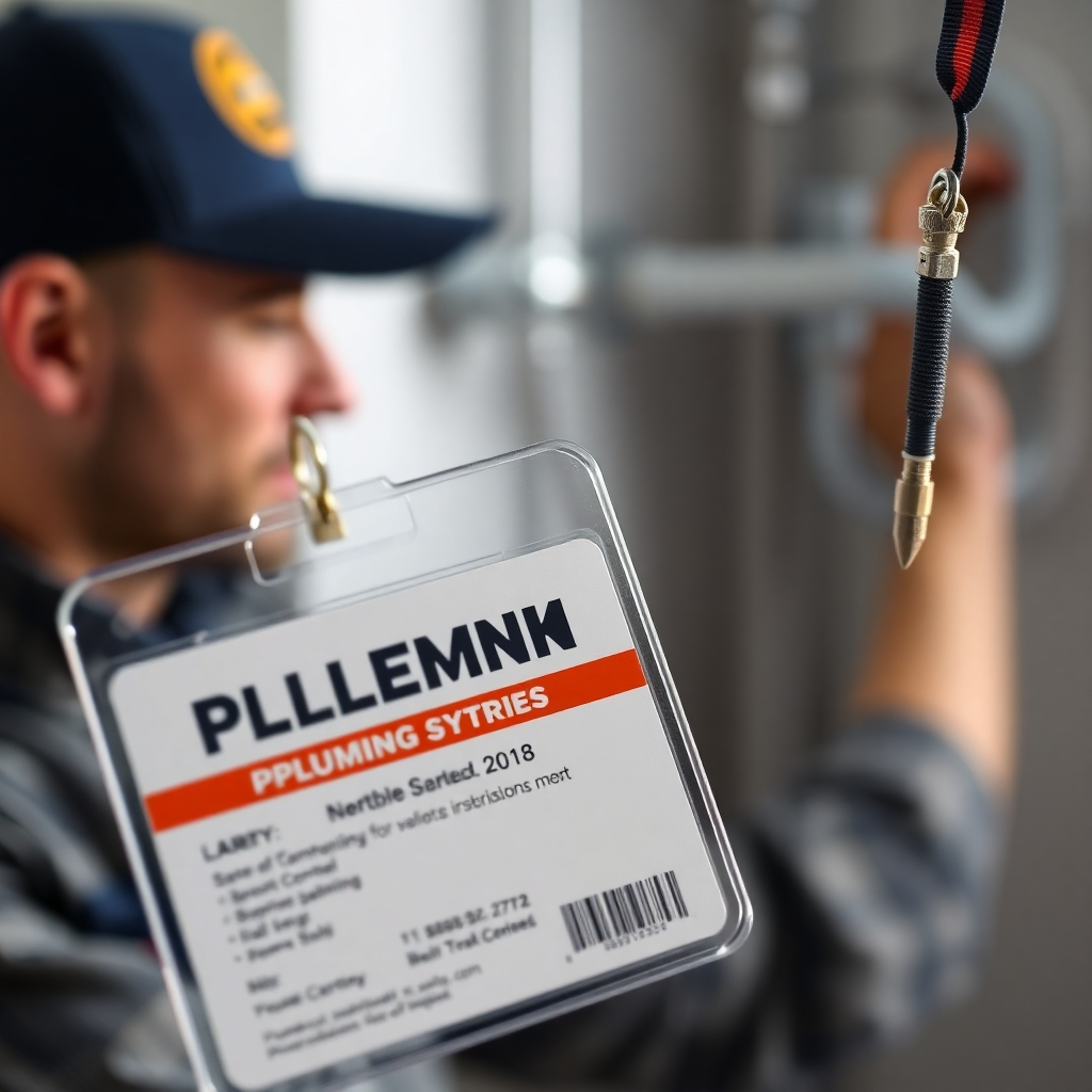 A photorealistic image showing a close-up of a plumber's ID badge or company credentials, alongside a blurred image of the plumber performing a plumbing repair. The image of the plumber should be clearly visible in the background, without distracting from the emphasis on credentials.  The badge or credentials must show verification details, while the background image should evoke trust and competence.
