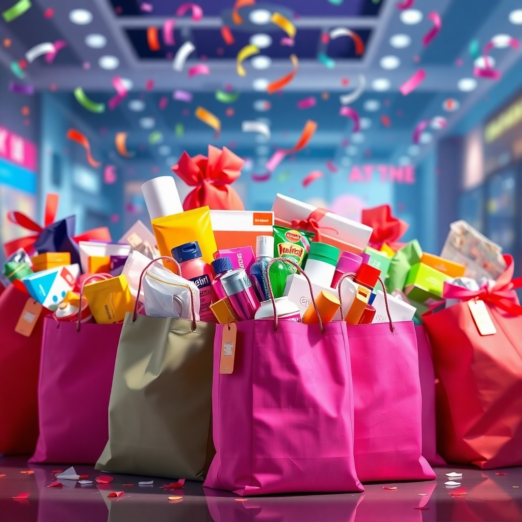 A photorealistic image showing multiple shopping bags overflowing with diverse products from the online mall. The bags should be strategically placed to showcase the variety, with price tags visibly attached to some items, demonstrating savings and value. The background can be a stylized presentation with celebratory elements like confetti or ribbons to enhance the feeling of a great deal.