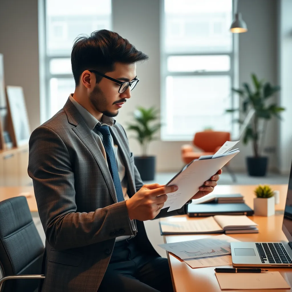 A professional accountant using a tablet to review financial documents, including invoices, receipts, and bank statements. The scene is set in a well-lit office with modern furniture, conveying a sense of order and meticulous financial management.