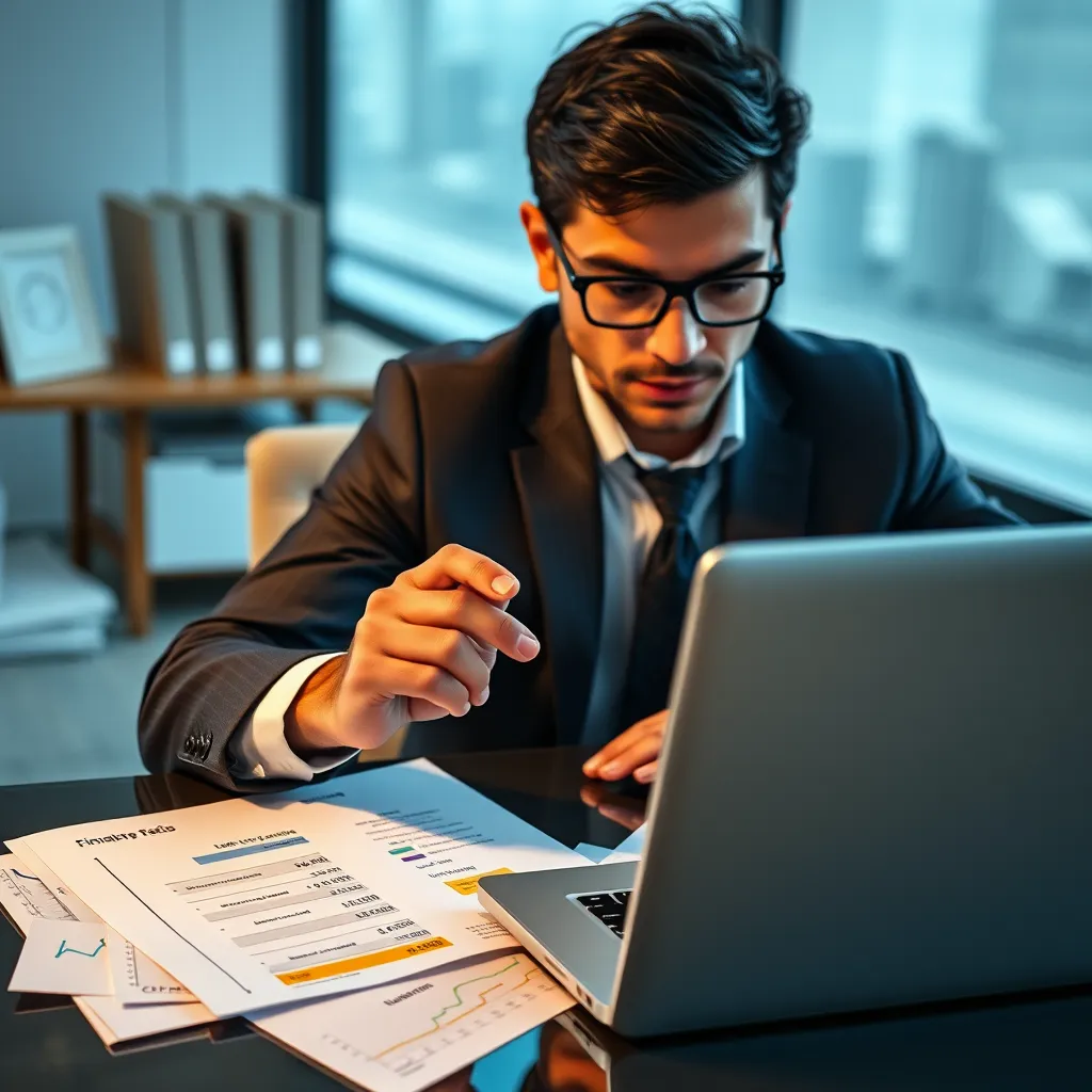 A professional businessperson, likely a financial analyst, sits at a desk with a laptop open. They are studying a financial report with highlighted numbers and annotations, focusing on a specific ratio calculation. The image should convey a sense of focused analysis and interpretation of financial data.