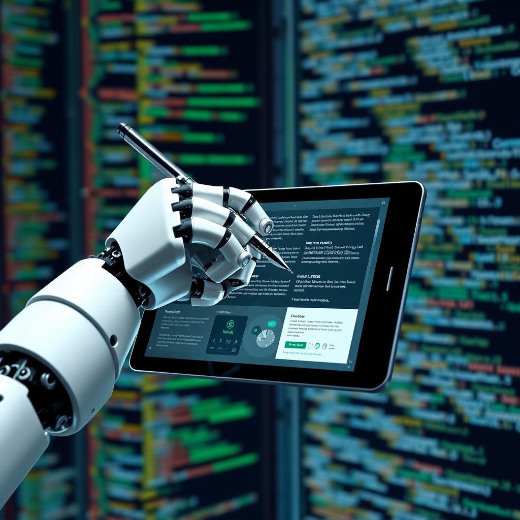 A robot arm holding a pen and writing on a digital tablet. The tablet displays various types of content. The background should be streams of code and data. Emphasize speed, efficiency, and creativity.