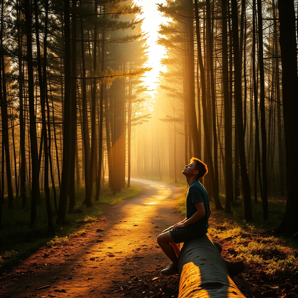 A serene forest scene with a pathway winding through trees, bathed in soft golden sunlight. A person is sitting on a log beside the path, with their eyes closed and their hands resting on their lap. The air is still and peaceful, with only the sounds of nature in the background.  Capture a feeling of calm and serenity in the image.