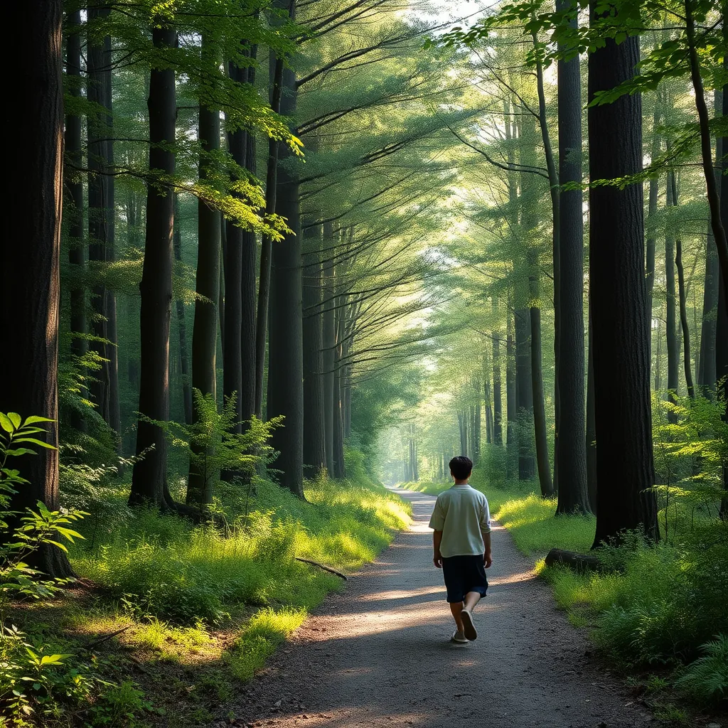 A serene scene of a person slowly walking along a forest path, their eyes focused on the path ahead, with soft sunlight filtering through the trees. The person is surrounded by towering trees, lush greenery, and natural sunlight, creating a peaceful and meditative atmosphere. The image should depict the slow and mindful pace of shinrin-yoku walking, emphasizing the connection between the person and the environment.