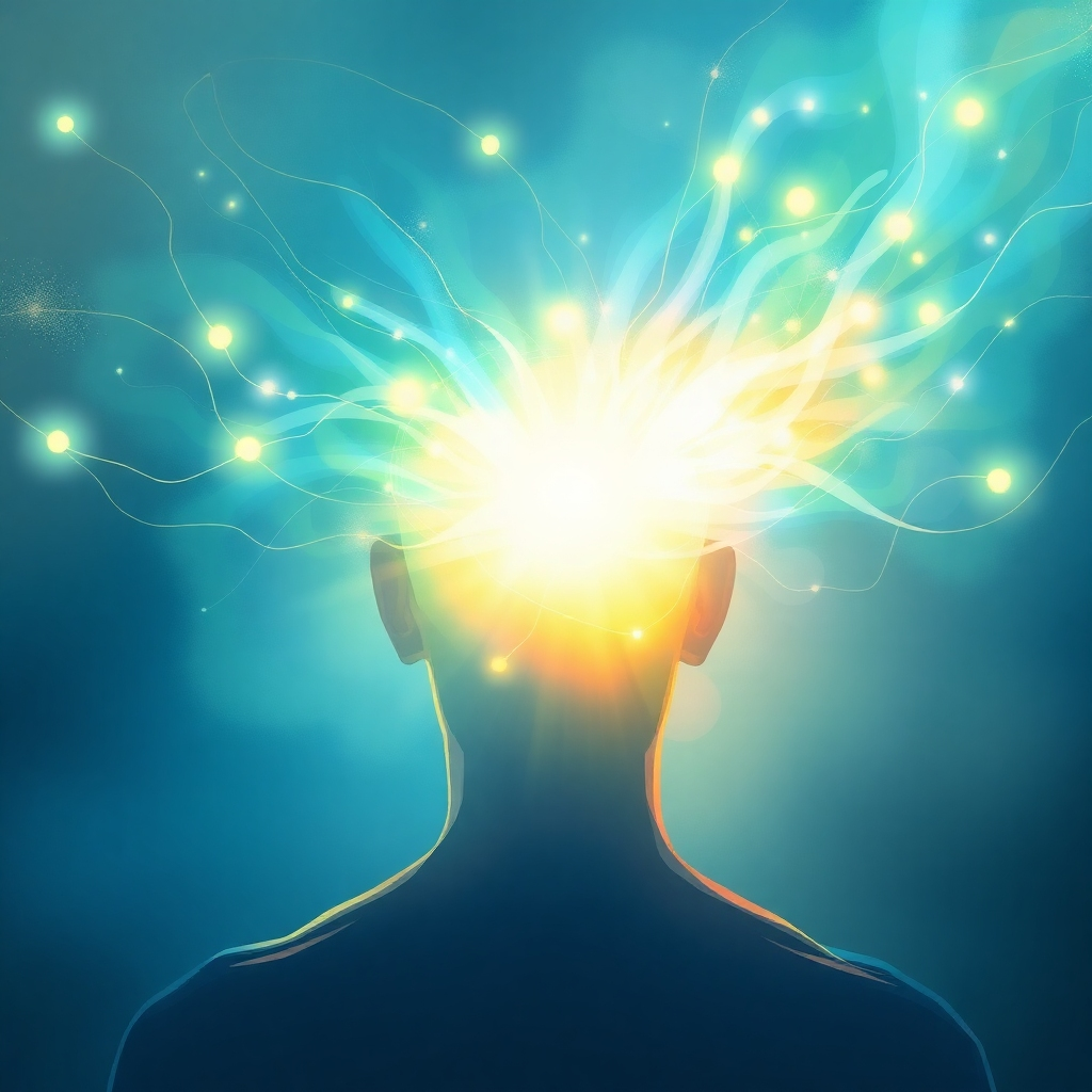A stylized image, 4K resolution, depicting interconnected energy flows around a person's head and shoulders. The colors should be vibrant yet calming, with blues, greens, and golds representing energy and serenity. The lighting should be soft and ethereal, highlighting the energy flows. The style should be slightly painterly, with soft brush strokes creating a feeling of movement and energy. The image should emphasize the concept of emotional release and positive energy flow.  Technical specs: 4K resolution, high quality rendering, stylized painterly effect.