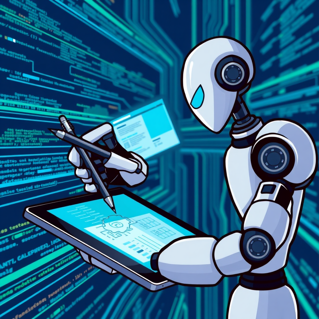 A stylized image depicting a robot arm holding a pen, writing on a digital tablet that displays various types of content. The background shows streams of code and data. Color palette of blues and greens. Focus on speed, efficiency, and creativity.