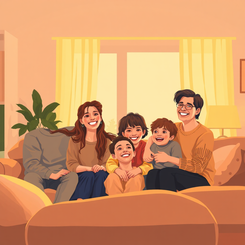A stylized image of a family happily gathered in their brightly lit living room. The warm lighting symbolizes safety and comfort. The image should convey a sense of security and well-being. Composition should be centered around the family, emphasizing their connection and happiness. Color palette is warm and inviting, with soft yellows, oranges, and browns. Style reference: idealized family portraits, emphasizing the emotional connection and sense of security.