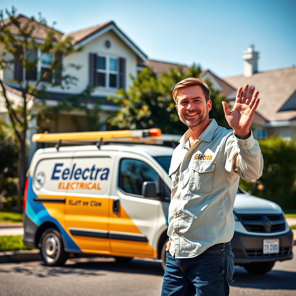 A sunny, photorealistic street scene with a clearly marked Electra Electrical van parked in front of a well-maintained suburban home. An electrician in a clean uniform is smiling and waving toward the camera. The image should convey trustworthiness and community connection. Composition should be bright and welcoming with a focus on the friendly electrician and the professional-looking van. The lighting is natural and vibrant. Style is similar to a stock photo but with a unique and authentic feel.