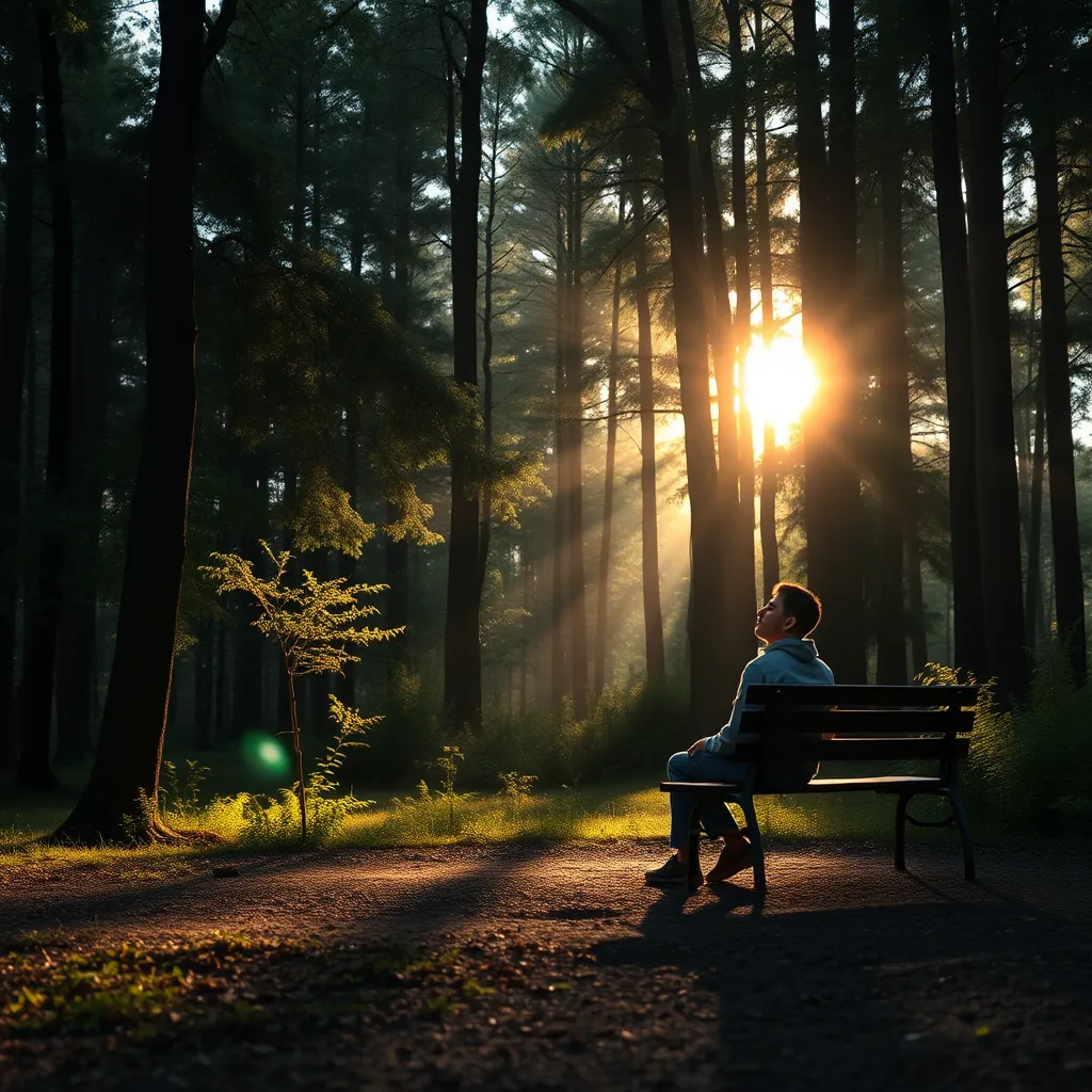 A tranquil clearing in a forest, sunlight streaming through the trees, with a person sitting on a bench, their eyes closed, taking in the beauty and serenity of the natural surroundings.