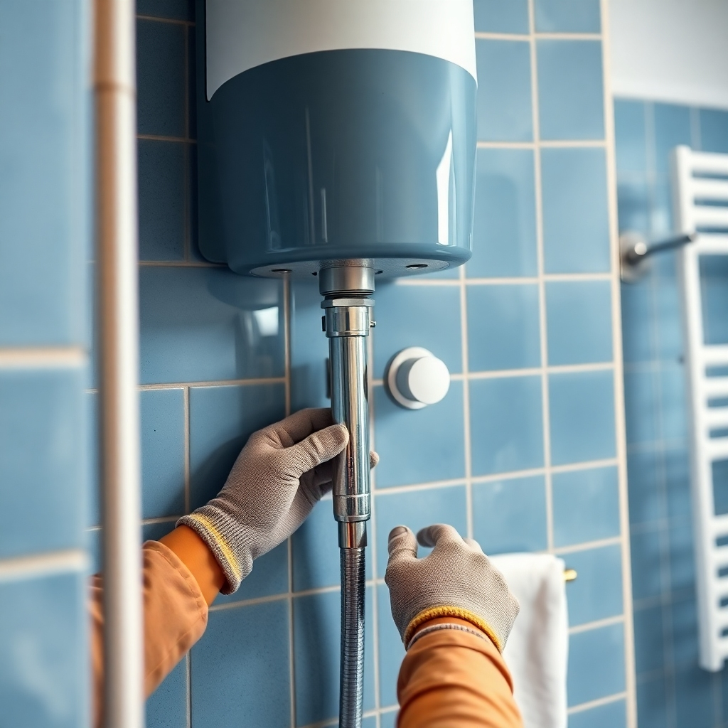 An ultra-high definition (8K), hyperrealistic image of a plumber installing a new geyser in a tiled bathroom. The lighting should be bright and even, with a slight warm tone. The color palette is a balance of cool blues (tiles) and warm whites and metallics (geyser and tools). The camera angle should be from a slightly low perspective, looking up at the plumber working. The image should emphasize the precision of the work: the levelness of the geyser, the tightness of the connections. Show the textures of the materials in fine detail—the smooth, glossy surface of the geyser, the rough texture of the tiled wall, the metallic shine of the tools. The bathroom should be clean and modern, but not sterile. Include background details like a partially visible shower enclosure and a clean white towel rack. Stylize the image like a high-end advertisement for a premium plumbing service; aim for a style similar to the photography of Ben Watts. Show the plumber's hands carefully connecting pipes. The background is blurred slightly to keep the focus on the geyser installation itself.  Include safety equipment such as gloves and eye protection.