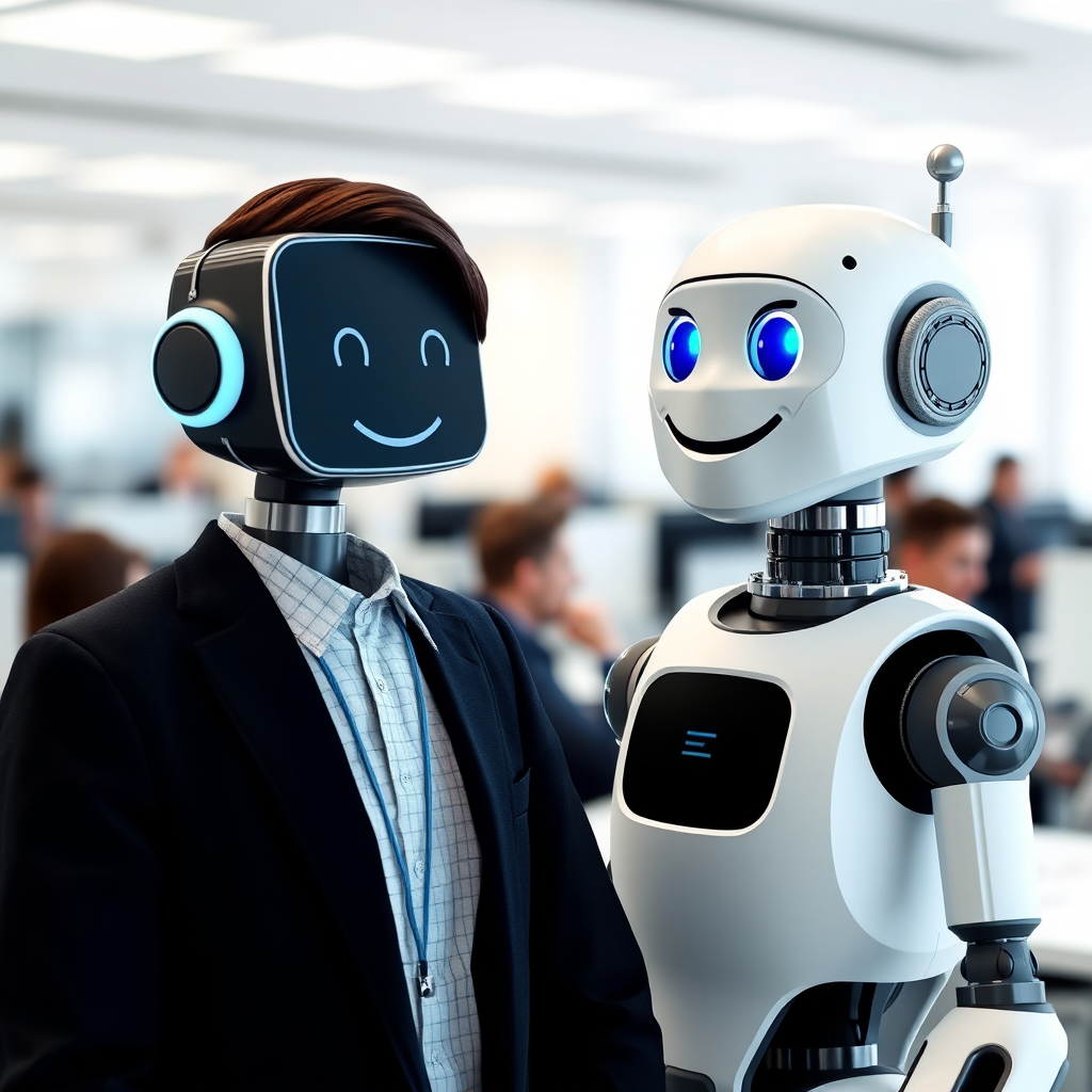 Create an image of a friendly, helpful chatbot interface interacting with a satisfied customer. The background should be a blurred office environment with people working. The chatbot should appear modern and professional.