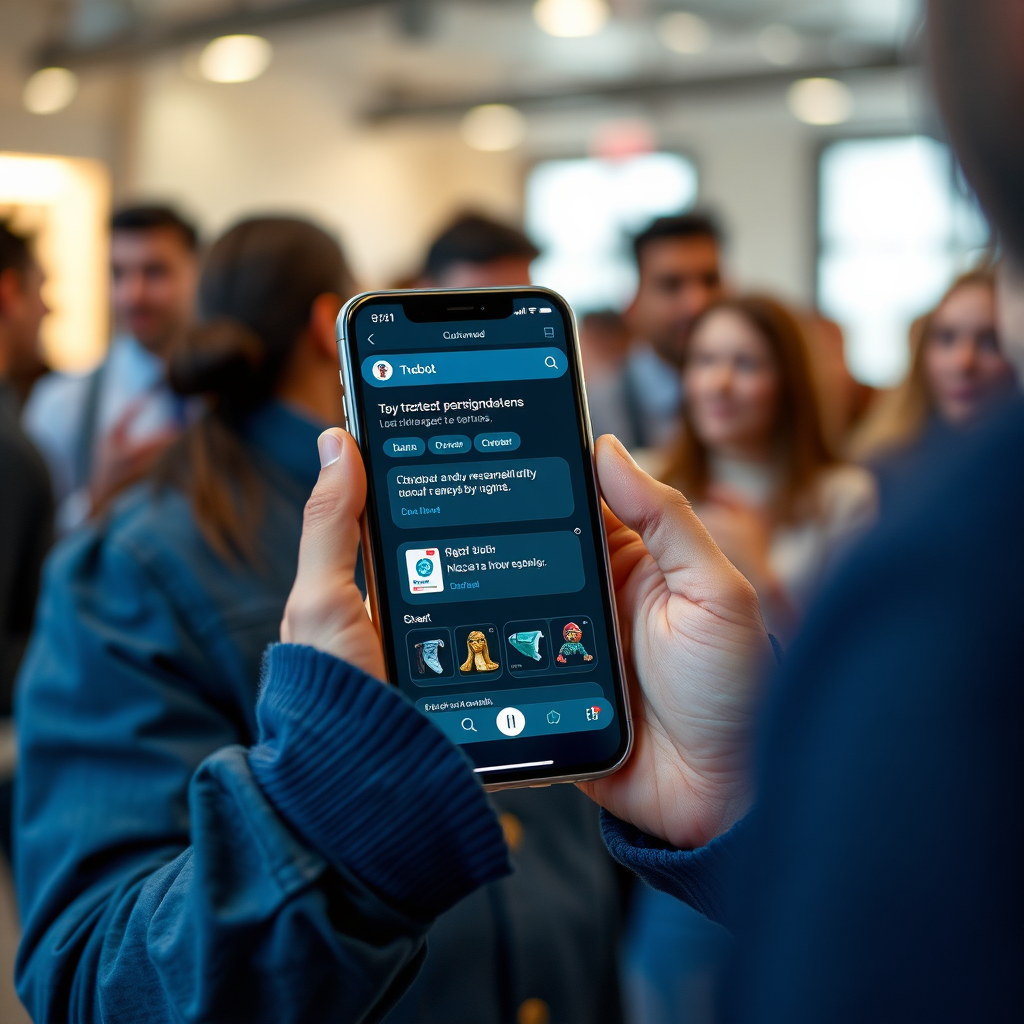Create an image showing a customer interacting with a chatbot on a mobile device. The chatbot is displaying personalized product recommendations. The background shows a diverse audience engaging with targeted content. Emphasis on relevance, engagement, and customer satisfaction.