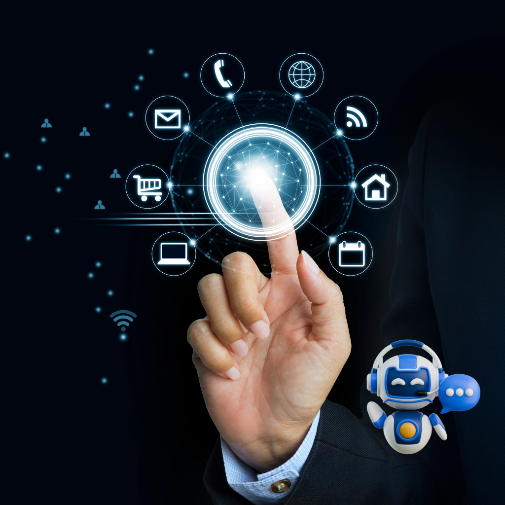 Create an image of a friendly, helpful chatbot interface interacting with a satisfied customer. The background should be a blurred office environment with people working. The chatbot should appear modern and professional.