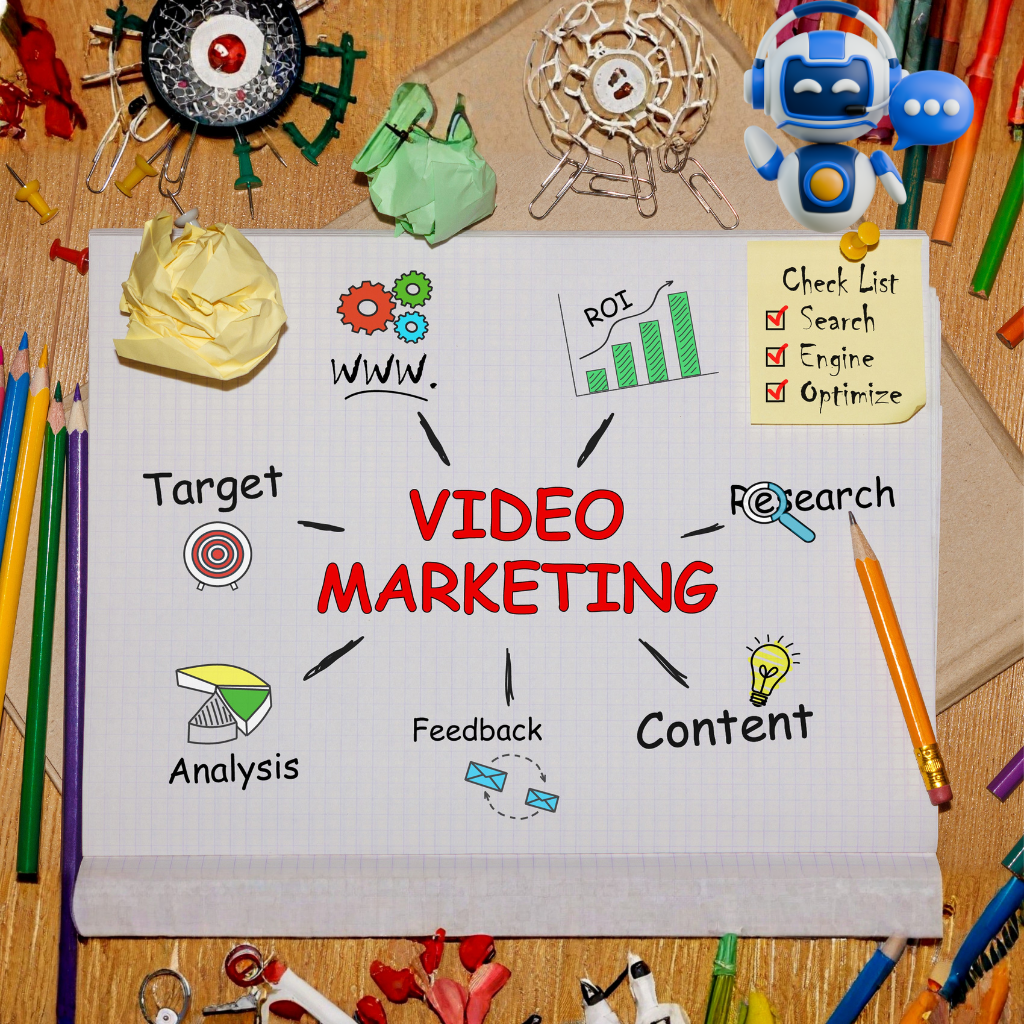 A professional presenting a video marketing strategy using data visualizations. The background should be a modern office setting with colleagues collaborating. The presentation should emphasize analytics and optimization.