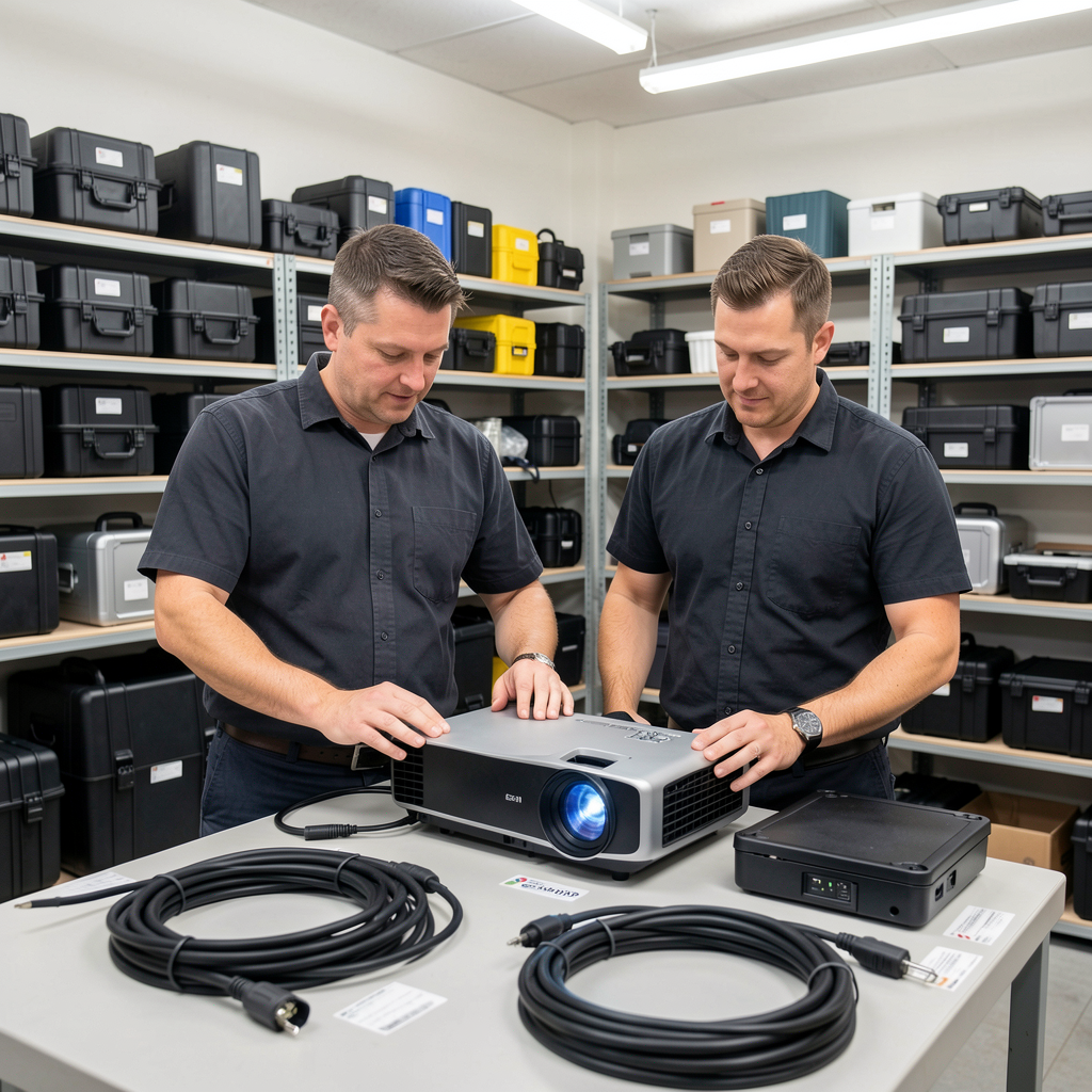 Technicians testing projector equipment