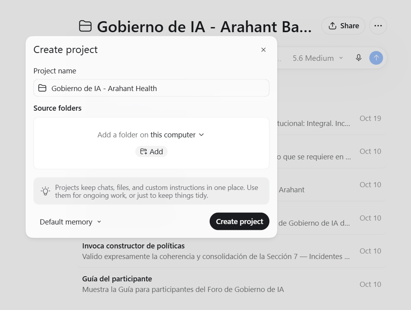 Pantalla de ChatGPT mostrando la opción Create Project