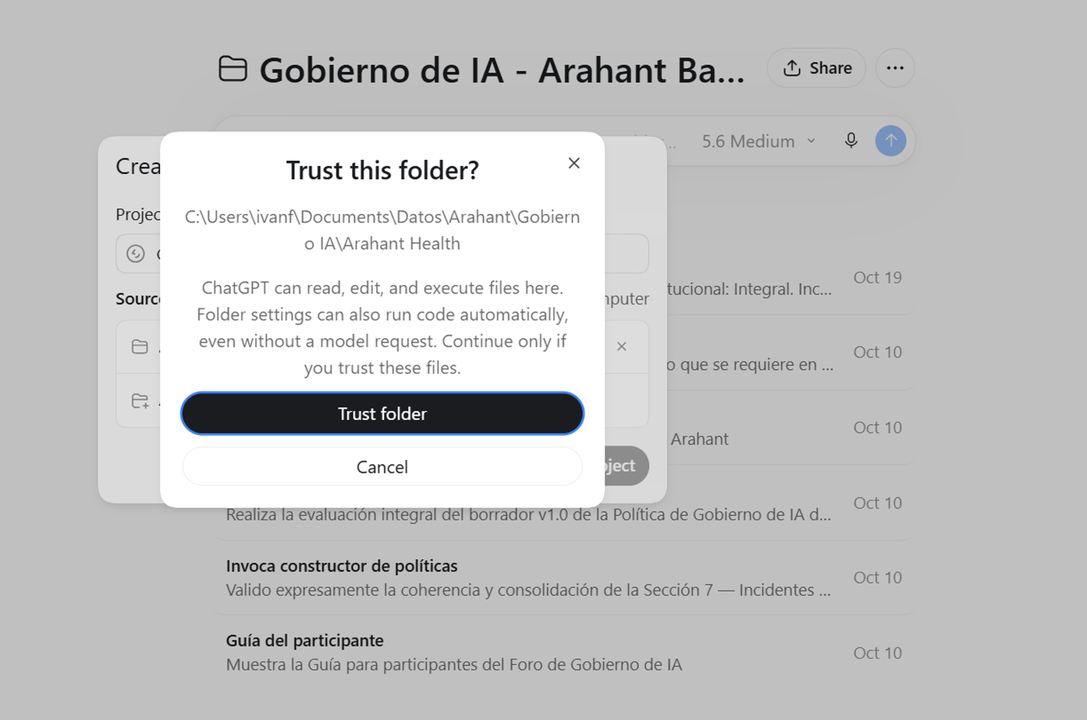 Mensaje de confirmación para confiar en la carpeta
