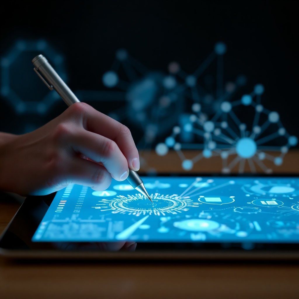A digital pen creating content on a tablet, with AI algorithms creating in background.