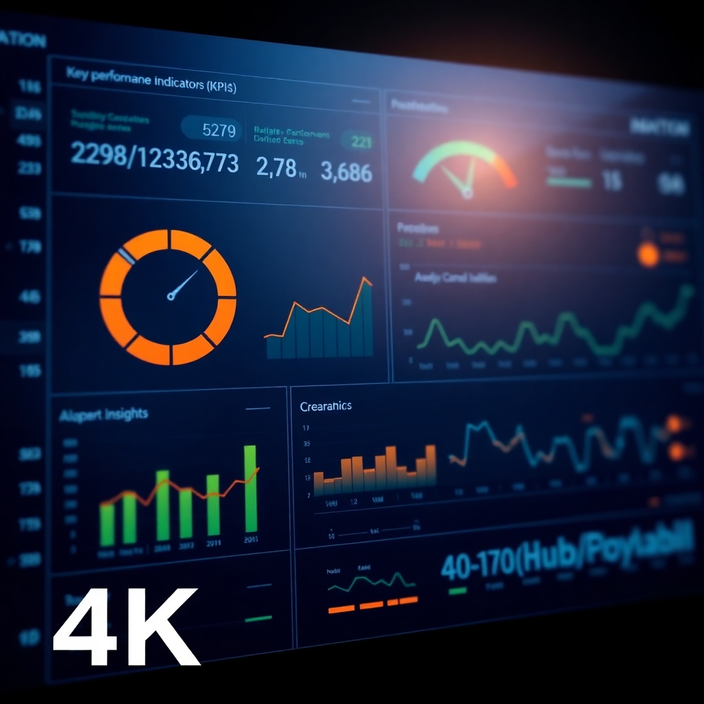 A photorealistic image of a dashboard displaying key performance indicators (KPIs) and AI-powered insights. The data visualizations are clear and easy to understand. The lighting is soft and diffused, creating a sense of clarity and precision. The color palette is dominated by blues and greens, with subtle highlights of orange to represent action. 4K resolution.