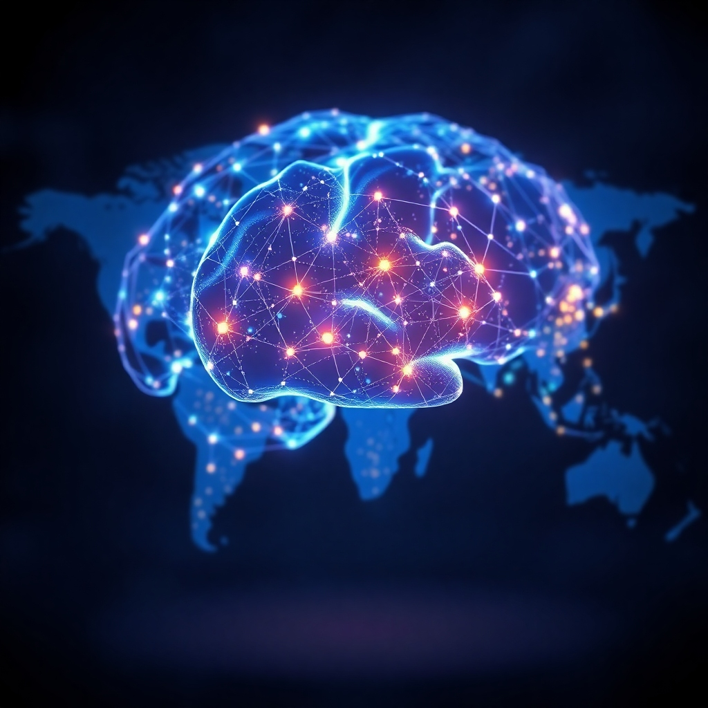 A photorealistic image of a digital brain composed of interconnected data streams and glowing neural networks. The brain is subtly overlaid on a world map, symbolizing global reach and data-driven decision-making. The lighting is soft and diffused, creating a sense of intelligence and insight. The color palette is dominated by blues and purples, with subtle highlights of gold to represent the value of data. Focus on intricate details and realistic textures. 4K resolution.