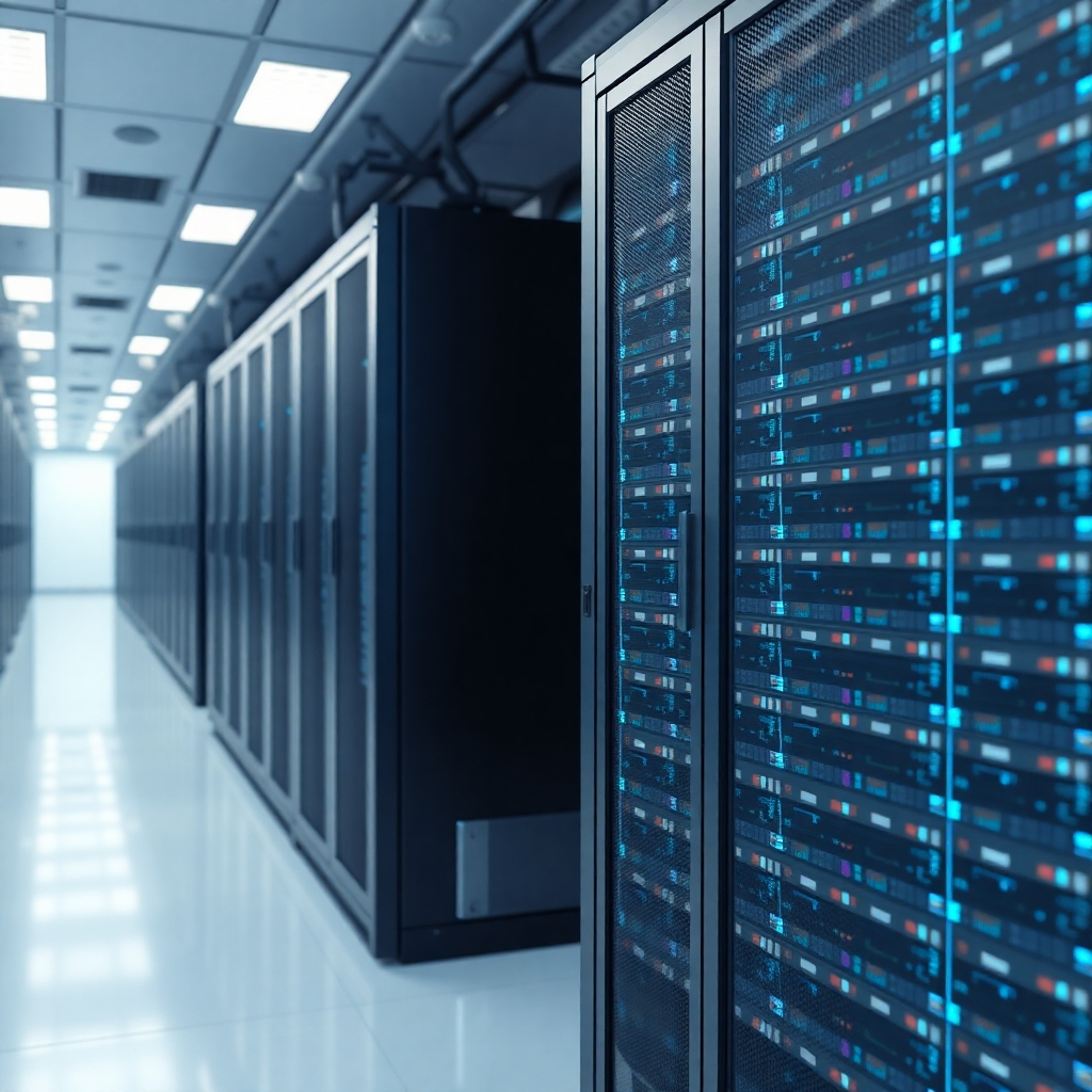A photorealistic image of a server farm, with AI algorithms managing and optimizing the infrastructure. The image should convey a sense of scalability and efficiency. The color palette is cool and professional, with a focus on blues and grays. 4K resolution.