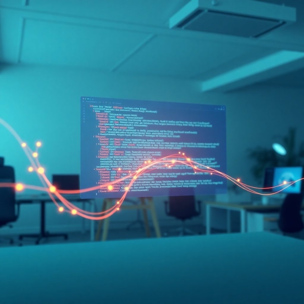 A photorealistic image of a website interface being generated by AI algorithms in real-time. The code is visualized as glowing strands of light, creating a sense of dynamism and innovation. The background is a clean, modern workspace. The color palette is dominated by blues and greens, with subtle highlights of orange to represent creativity. 4K resolution.