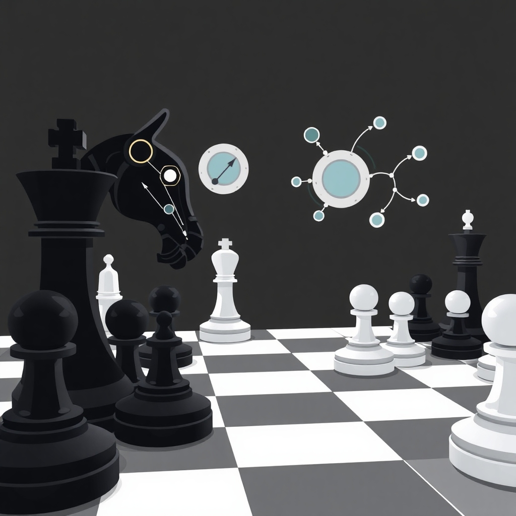 A stylized illustration depicting a chess game, with AI algorithms making strategic moves. The image should convey a sense of intelligence and strategic thinking. The color palette is sophisticated and modern, with a focus on blacks, whites, and grays. 4K resolution.