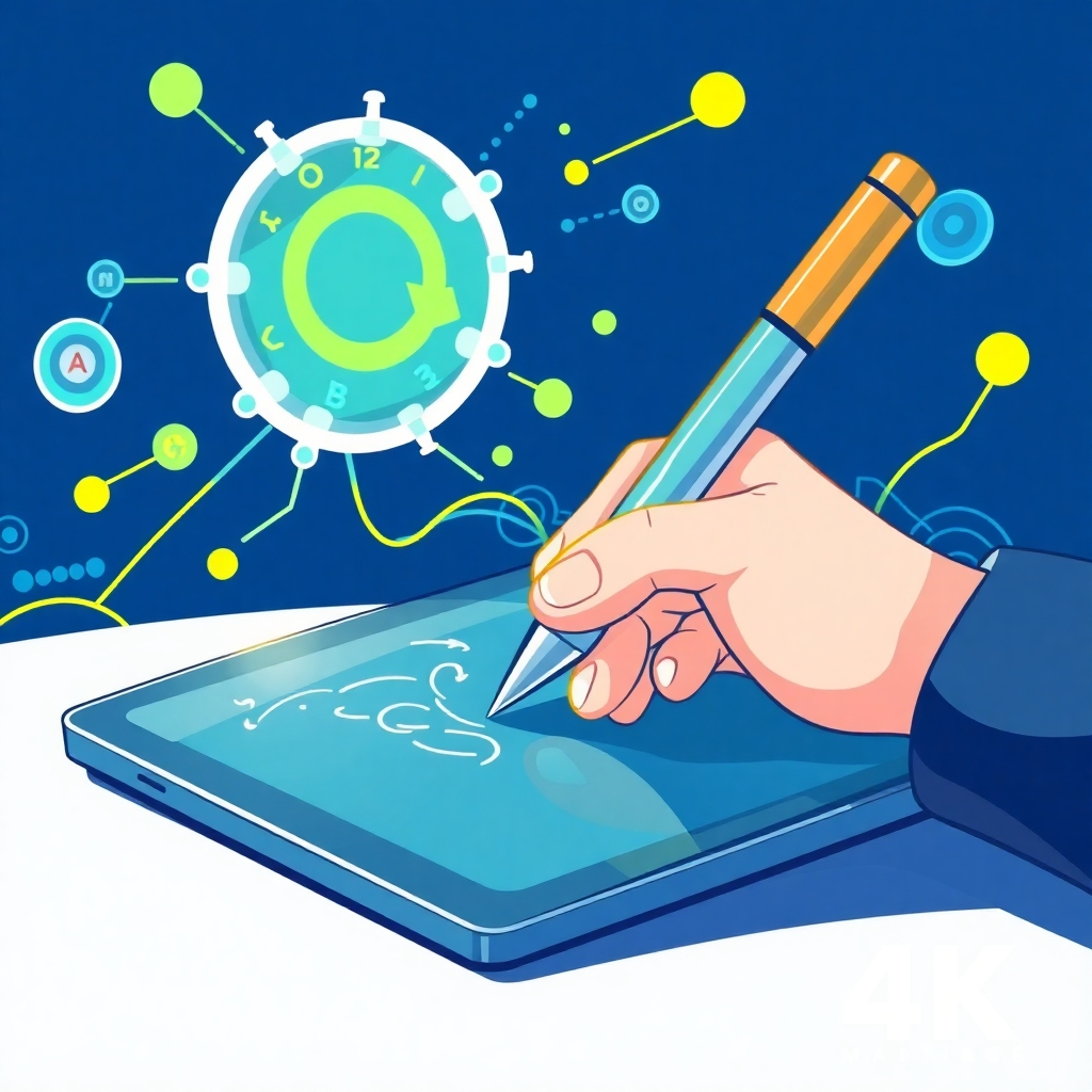 A stylized illustration depicting a pen writing on a digital tablet, with AI algorithms generating creative content in the background. The image should convey a sense of intelligence and creativity. The color palette is bright and optimistic, with a focus on blues, greens, and yellows. 4K resolution.