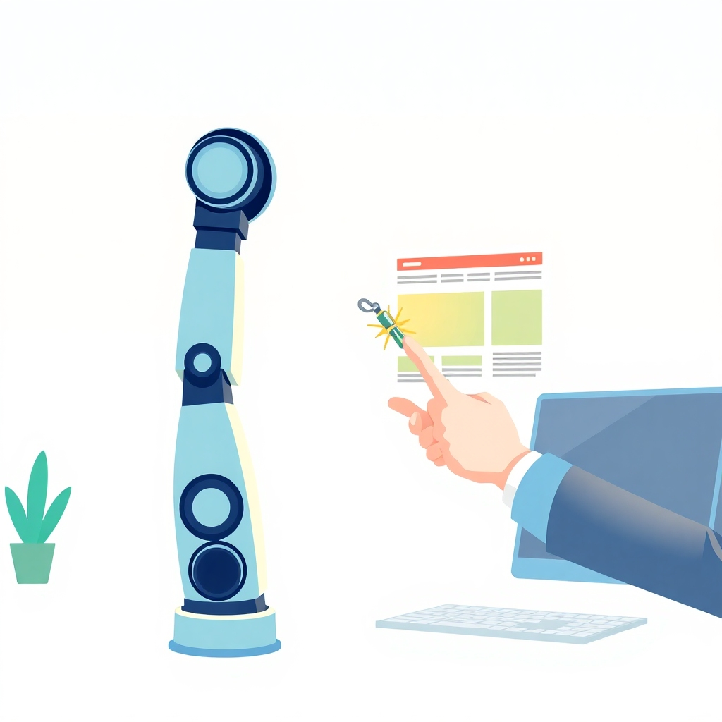 A stylized illustration depicting a robotic arm assisting a human hand in designing a website interface. The robotic arm is sleek and modern, while the human hand represents creativity and expertise. The background is a clean, minimalist workspace. The color palette is bright and optimistic, with a focus on blues, greens, and whites. The image should convey a sense of collaboration and efficiency. 4K resolution.