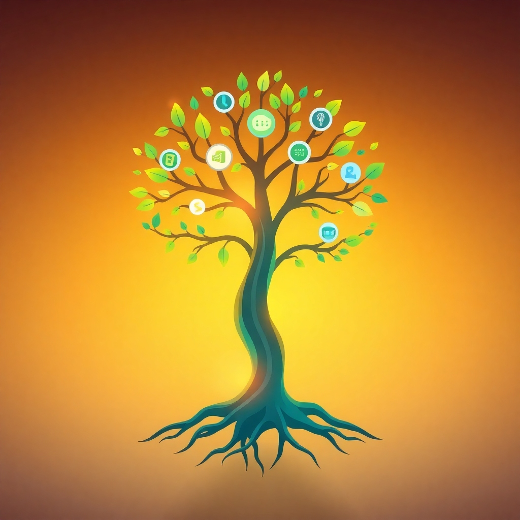 A stylized image representing Boss Market Media's mission of empowering businesses through AI-driven digital marketing. Depict a stylized tree, its roots representing data and analytics, and its branches blossoming into various digital marketing services like web design, content, and video. Each branch could have subtle icons representing AI. The lighting is warm and optimistic, using a vibrant color palette of greens, blues, and golds to convey growth, innovation, and prosperity. The background is abstract and clean, suggesting limitless possibilities. The image should evoke a sense of growth, intelligence, and interconnectedness. Style: A blend of modern digital art and symbolic representation, inspired by the works of digital artists like Beeple and the clean aesthetics of minimalist design. 4K resolution, high quality rendering.